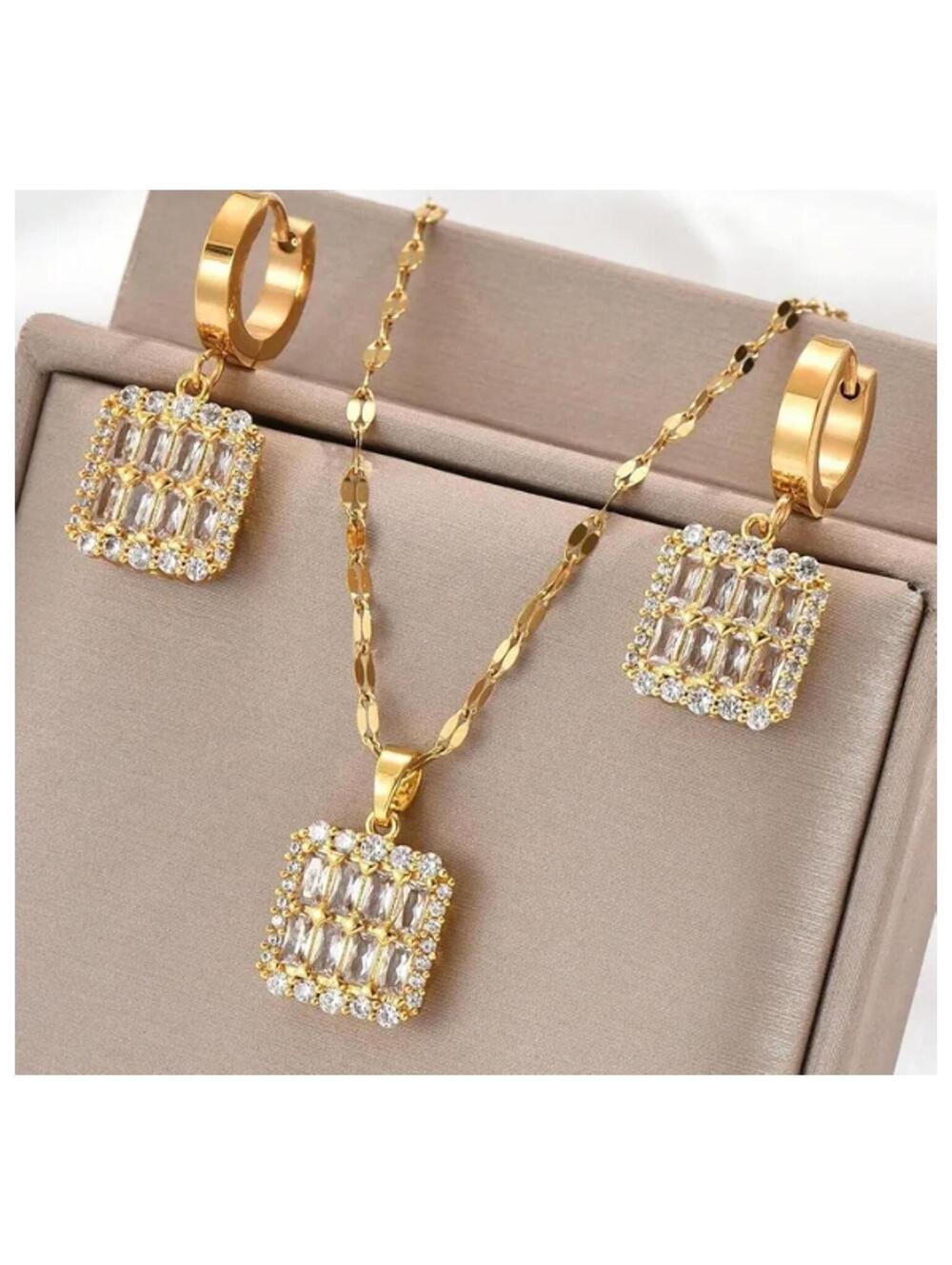 Square baguette and round Necklace/Earring set - Gold - CZs - 18"